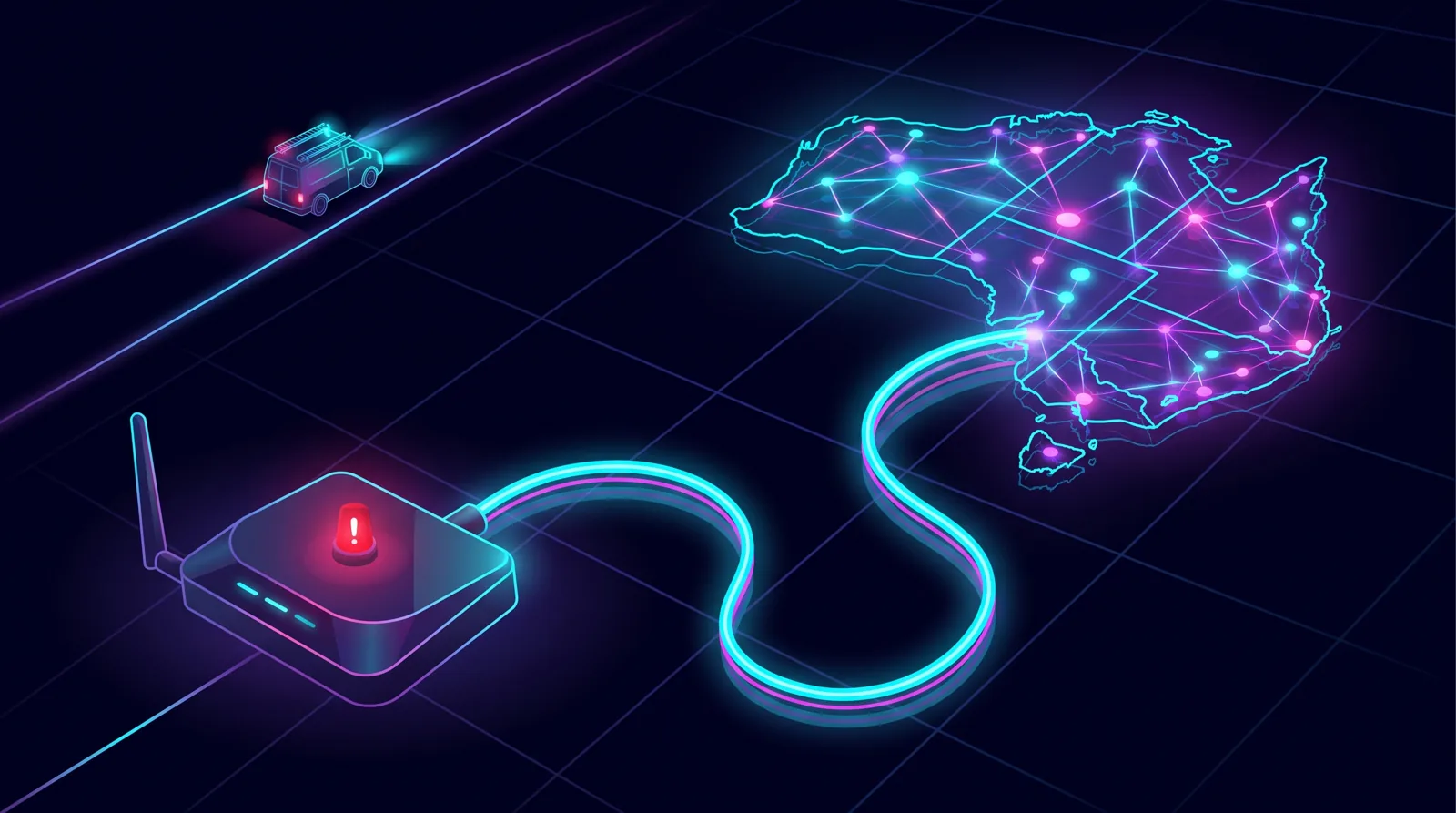 Illustration of a home modem with a red light, connected by a cable to a map of Australia