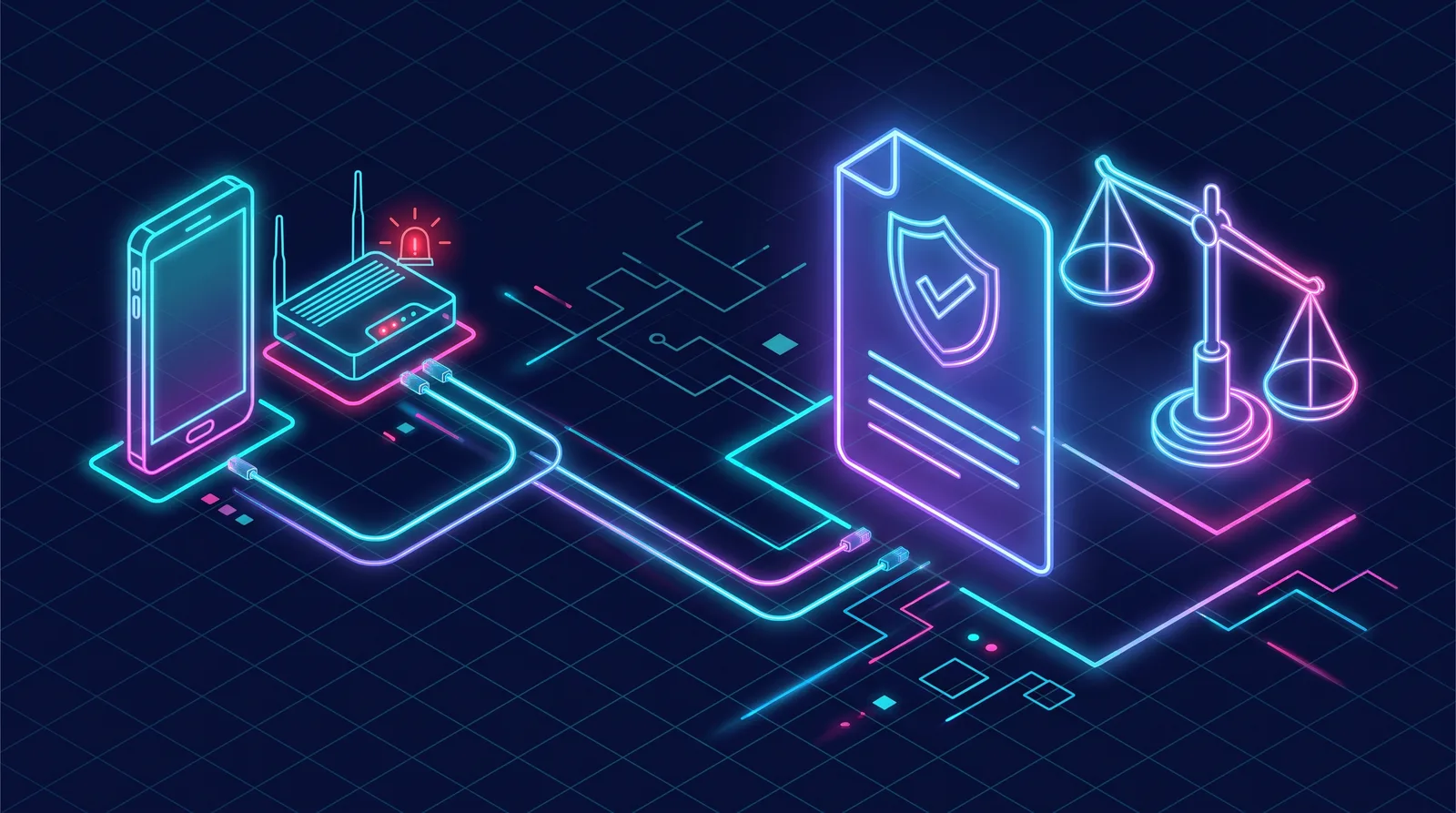 Neon illustration of a phone and modem connected to a document with a shield and tick, next to a balance scale